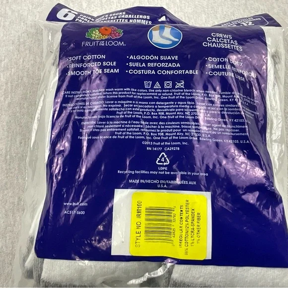 FRUIT OF THE LOOM COTTON BLEND MEN’S CREW SOCKS SLIGHTLY IMPERFECT 6 PAIRS WHITE - Picture 4 of 8